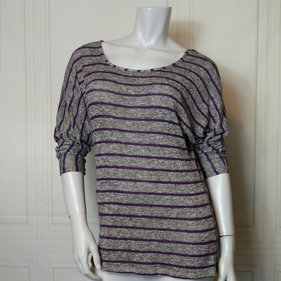 Magic Fit Top Womens Medium Purple Silver Striped Long Sleeve Stretch - Picture 10 of 10